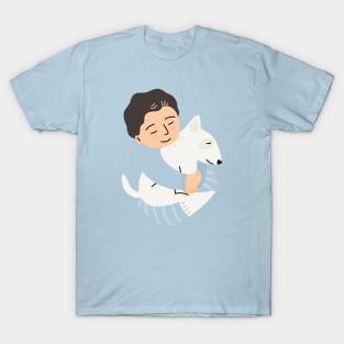 Adorable boy hugging lovely puppy for dog lover. T-Shirt